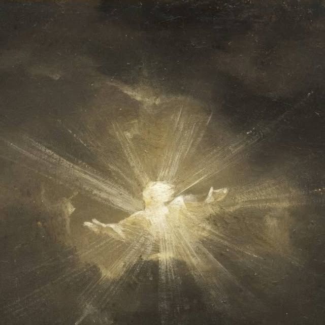 a figure of light breaking through the dark